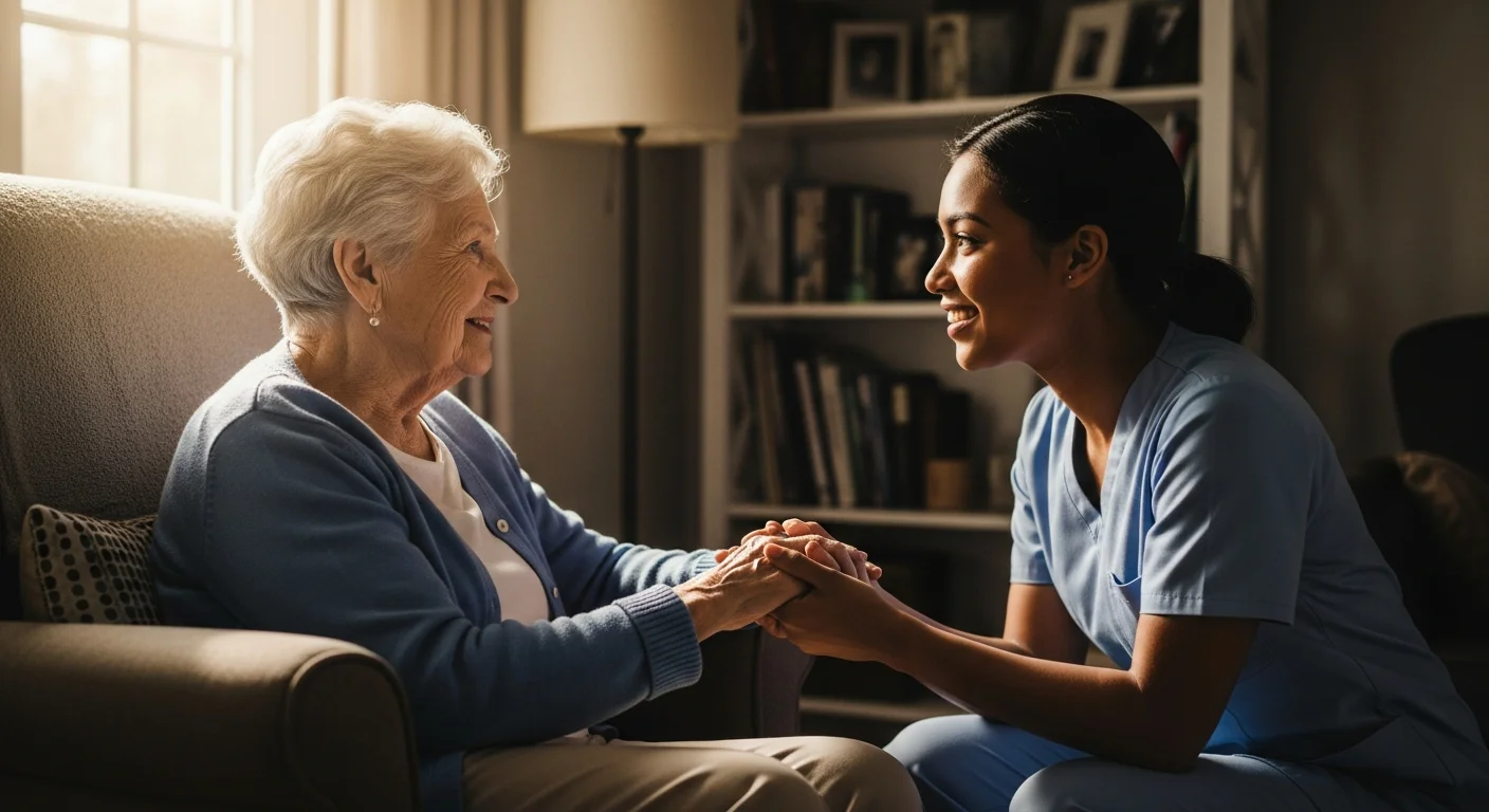 Caregiver smiling with an elderly client